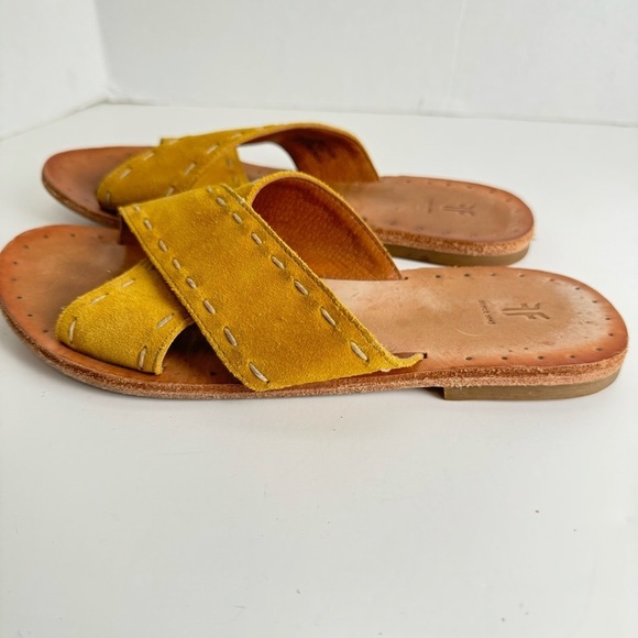 Frye Women’s Avery Pickstitch Suede Mustard Yellow Crossover Strap Slides - Picture 1 of 9